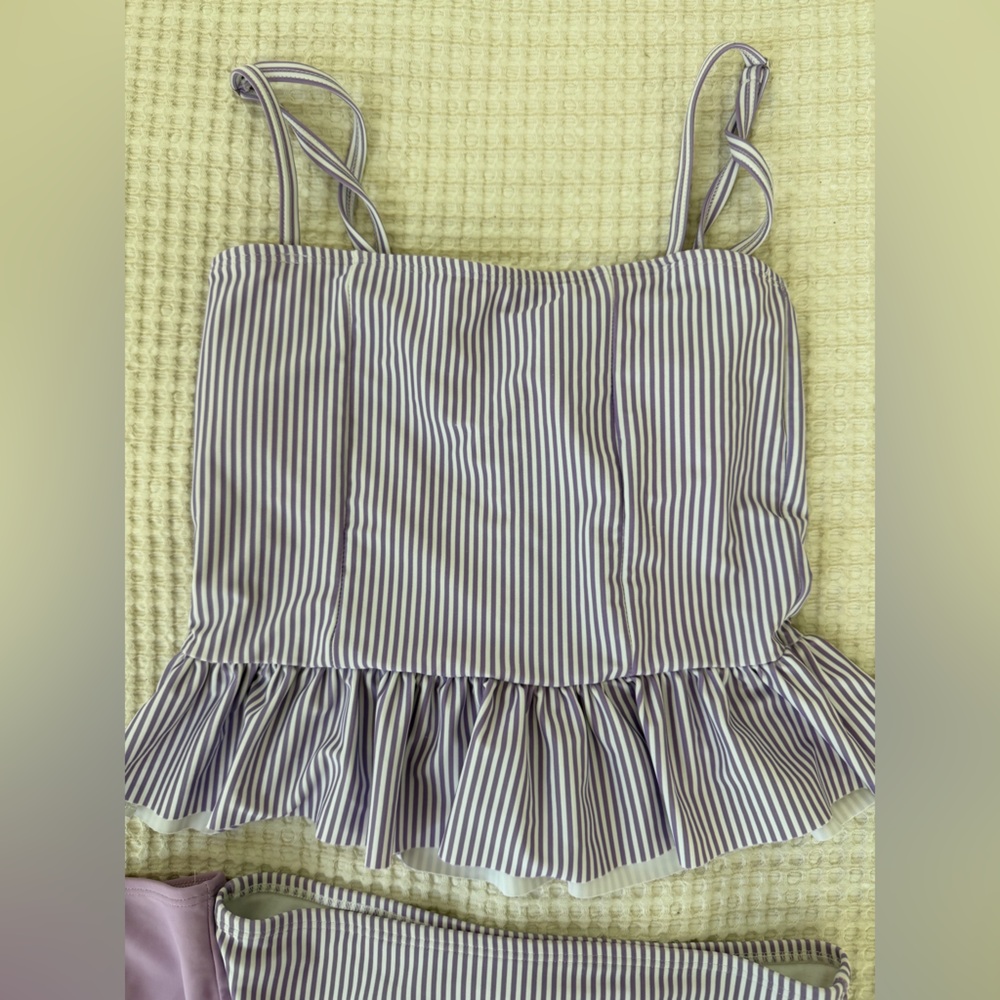 Striped Ruffle One-Piece Swimsuit in Light Lavender - Picture 2 of 9